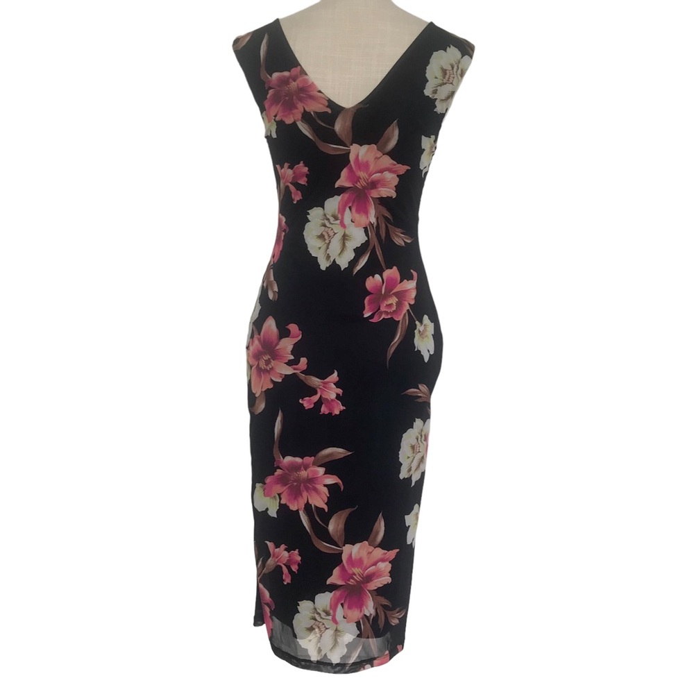 AFRM size small midi mesh  fitted black dress with flower pattern